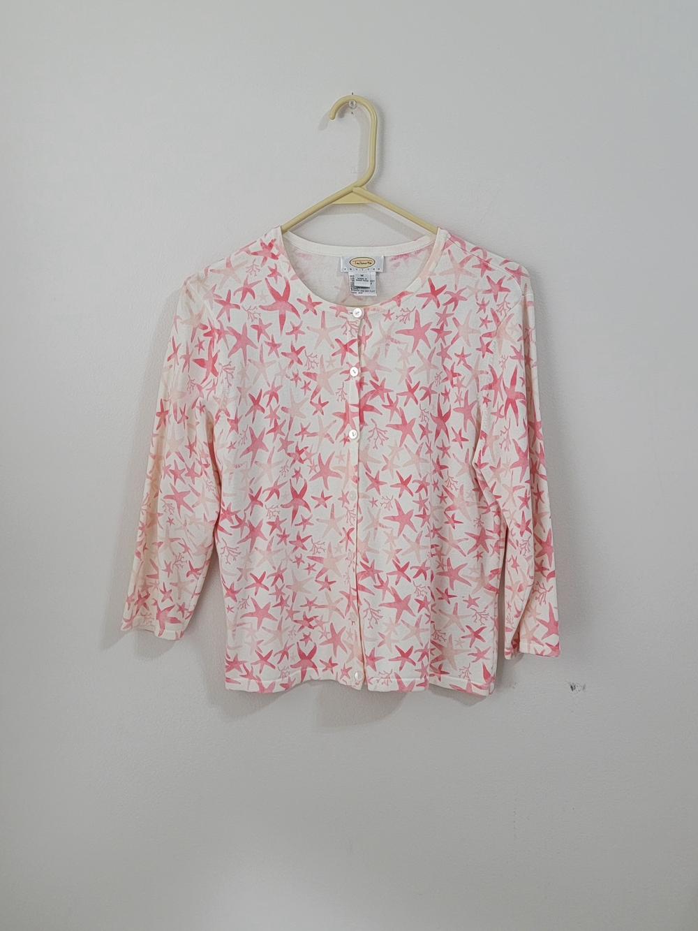 Talbots Cream Long Sleeve Cardigan with Pink Starfish Print